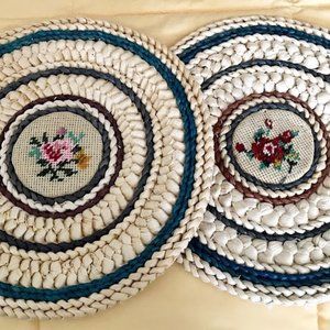 VINTAGE SET 2 WICKER WOVEN RATTAN with EMBROIDERED FLOWERS TRIVET HOT PADS 12"